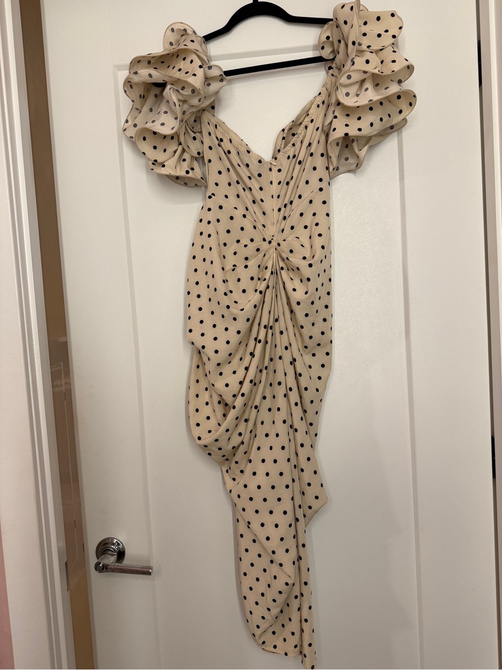 Polka Dot Off-Shoulder Ruffle Midi Dress in Cream - Picture 7 of 7